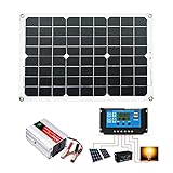 Luckxing 300W Solaranlage Komplettset Inselanlage netzunabhängiges Kit für Wohnmobil Camper mit 1 Wechselrichter mit Batterieklemme + 1 Solarpanel 18W 18V + DC-Krokodilklemme + 1 Solarladeregler 30A