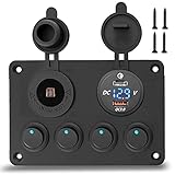 12V/24V Schalter Panel mit USB-C, USB-Ladegerät + Feuerzeugsteckdose + Digitales Voltmeter, IP65 Wasserdicht EIN/AUS Kippschalter 15A Sicherung zum Auto Marine Boot Fahrzeuge LKW Schaltkreis Steuerung