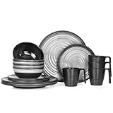 Melamin Camping Geschirr Set 4 Personen Stone Grey + 4 Tassen Stone Kaffetassen Becher Tafelgeschirr Picknick BBQ Kochgeschirr