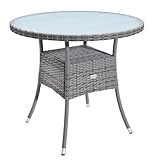 Casaria® Gartentisch Polyrattan Wetterfest Rund Klein 60cm Grau Glas Tischplatte 80kg Belastbar Outdoor Terrasse Balkon Bistro Tisch Beistelltisch