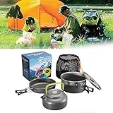 Souarts Camping Kochgeschirr Kit Outdoor Aluminium Leichte Camping Pot Pan Kochen Set für Camping Wandern Faltbare Campingtöpfe (3PCS schwarz + grün)
