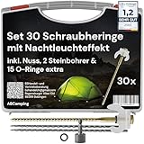 ABCamping Schraubheringe Set - [30 Stück] Stahl Heringe für weiche bis Harte Böden inkl. Bohrer (5mm & 6mm) - Zeltschrauben mit Leuchteffekt, inkl. Transportbox, 15x O-Ringe & Bit für Akkuschrauber