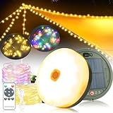 10m Solar Camping Lichterkette Aufrollbar,Warmweiß+RGB Camping Lichterkette,Solar&USB Aufladung,13-Modi Outdoor Campinglampe mit Fernbedienung,130Leds Tragbare Camping Lichter für Camping