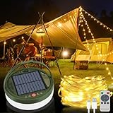 Bowfar Solar Camping Lichterkette Aussen 10M, 3600mAh Aufrollbar Campinglampe Solar mit Fernbedienung und USB Wiederaufladbare