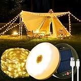 Camping Lichterkette Aufrollbar, 12M Solar Camping Lichterkette Außen, Wiederaufladbar über USB, IP65 Wasserdichte Camping Lichterkette, 120LED Tragbare Campinglampe für Camping, Garten, Wandern