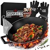 Gusskönig Gusseisen Wok Pfanne - 36 cm robuste Wokpfanne für Gasgrill, Herd, Ofen und Lagerfeuer - Gusseisen Wokpfanne inklusive Edelstahl Ringreiniger, Grillhandschuhe & Rezeptbuch