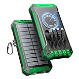 Solar Powerbank 26800mAh mit 4 Kabeln, Wireless Solar Powerbank USB-C 15W Schnellladung 6 Ausgänge 3 Eingänge für Handy Tablets, Wasserdichtes Solar Ladegerät Externer Akku mit Taschenlampe, Karabiner