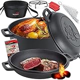 KESSER® Dutch Oven 2in1 Gusseisen Topf 4,8L und Pfanne 1,8L einsatzfertig eingebrannt Inkl. Kochbuch Schmortopf Doppelfunktion Deckel/Bratpfanne für Küche Camping Garten BBQ Backen Gasgrill, Schwarz