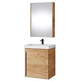 Planetmöbel Waschtisch + Spiegelschrank Badmöbel Set 50cm für Badezimmer WC (Gold Eiche)