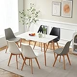 FURNITABLE Set aus Esstisch Weiß mit 6 Stühle,Esszimmergruppe für Küche Esszimmer Büro, Schwarz + Weiß + Grau